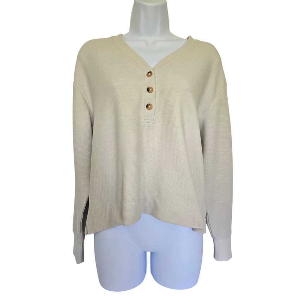 Free Fly Pullover Sweater Womens X-Small Beige Henley Waffle Knit V-Neck S